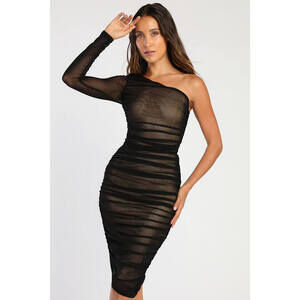 Lulus V.i.p. Babe Black Mesh Ruched One-shoulder Bodycon Midi Dress - Size L